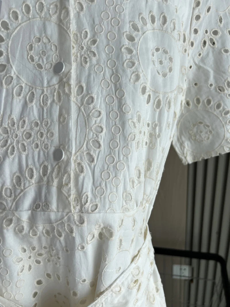 ETJ 2025 new women's elegant fashion hollow embroidery cotton shirt lapel short-sleeved dress temperament long skirt