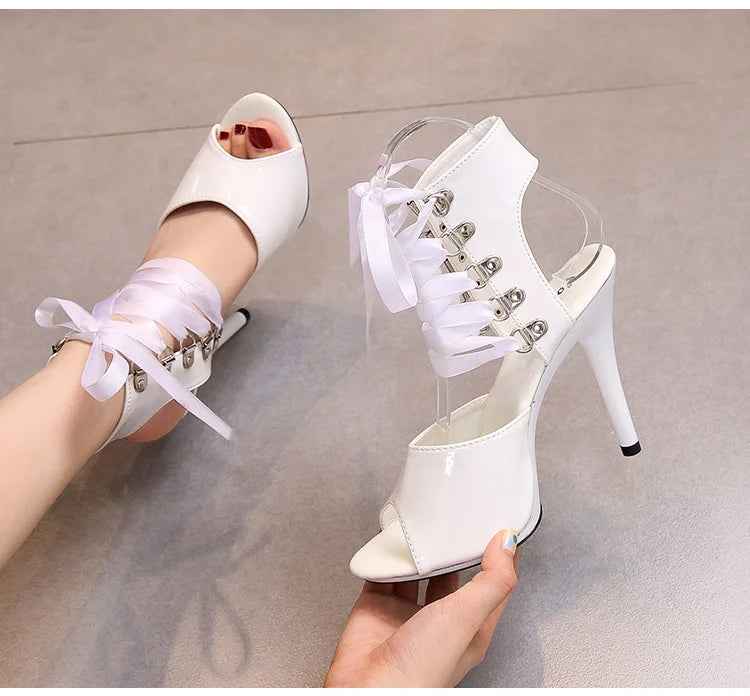 2025 New Sexy Pink High Heels 11cm Women's Shoes Fine Heels Round Head Ladies Pumps Ankle Lace-up Buckle Sandals Nightclub Shoes