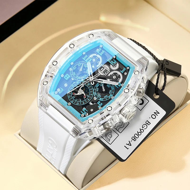 BONEST GATTI Men Automatic Watch Tonneau Mechanical Wristwatch Crystal Case Rubber Band Month Week Date Multi Dial Watches