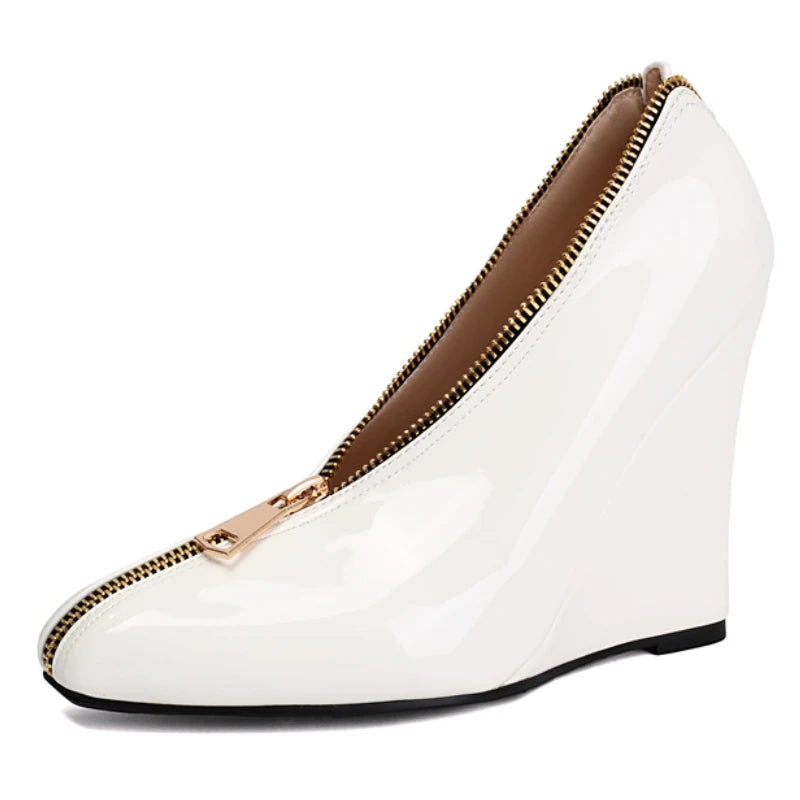 Sexy Women's Wedge High Heels Pumps Shoes Sexy Zipper Black Red White Wedges Heeled Large Size Office Party Wedding Shoes Ladies