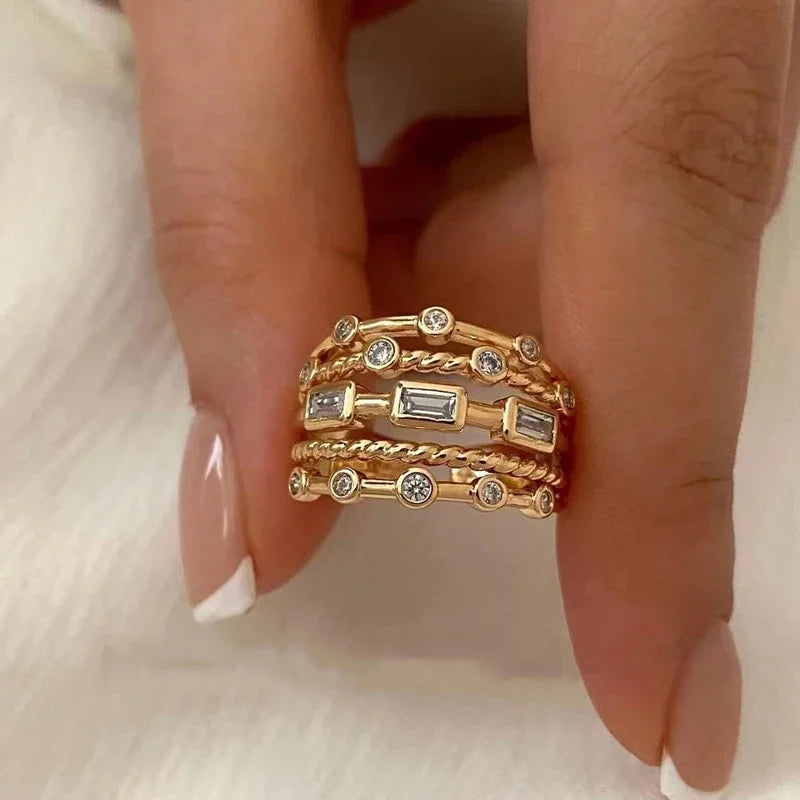 2025 New Stainless Steel 18 K Gold Plated Sun Rings for Women Natural Stone Inlaid in Hollow Metal Texture Ring Trendy Jewelry