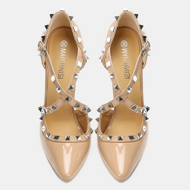 Women Rivet Cross Strap High Heel Sandals Sexy Pointed Toe Single Shoes for Nightclub Party Host Model Catwalk Cross Dressing