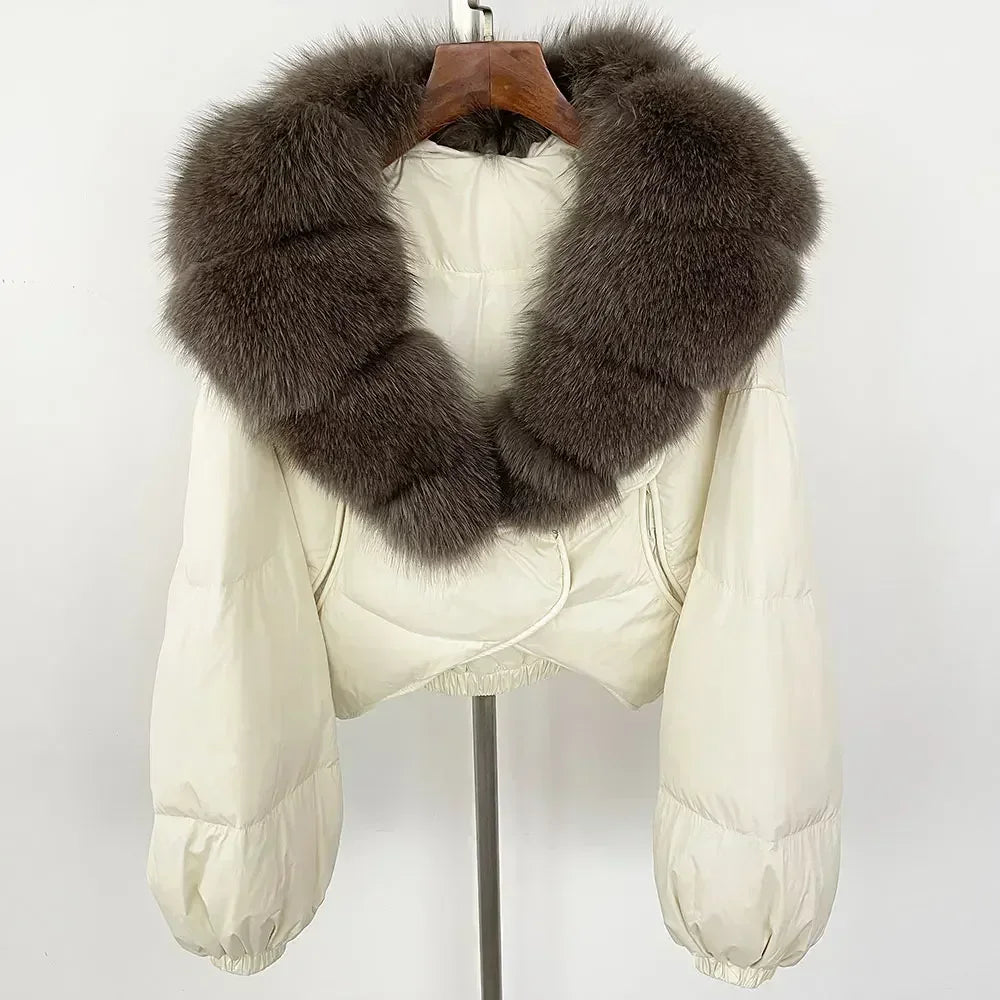Winter Female White Duck Down Jacket Luxury Loose Short Fashion Casual Women Warm Real Fox Fur Coat Long Sleeve Puffer Jacket