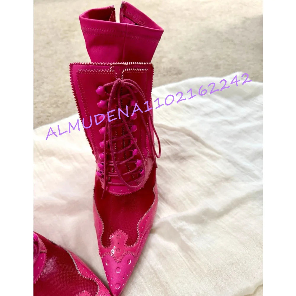 Women Pink Mesh Spliced Ankle Boots Pointed Toe Front Lace Up Back Zipper Thin Stiletto Heel Club Party Ladies Heeled Footwear