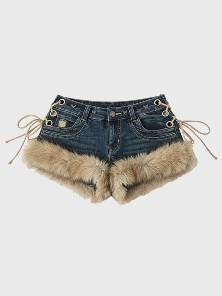 Winter New Women's Retro Design Fluffy Splicing Jeans Shorts Y2k Low-rise Strap Slim Hot Pants