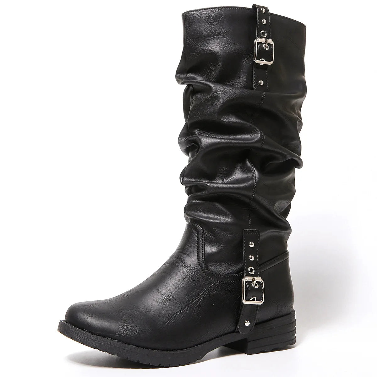 New Autumn Winter Vintage Women Knee High Boots Double Metal Buckle Thick Heels 3CM Knight Boots Casual Pull On Long Boots Shoes