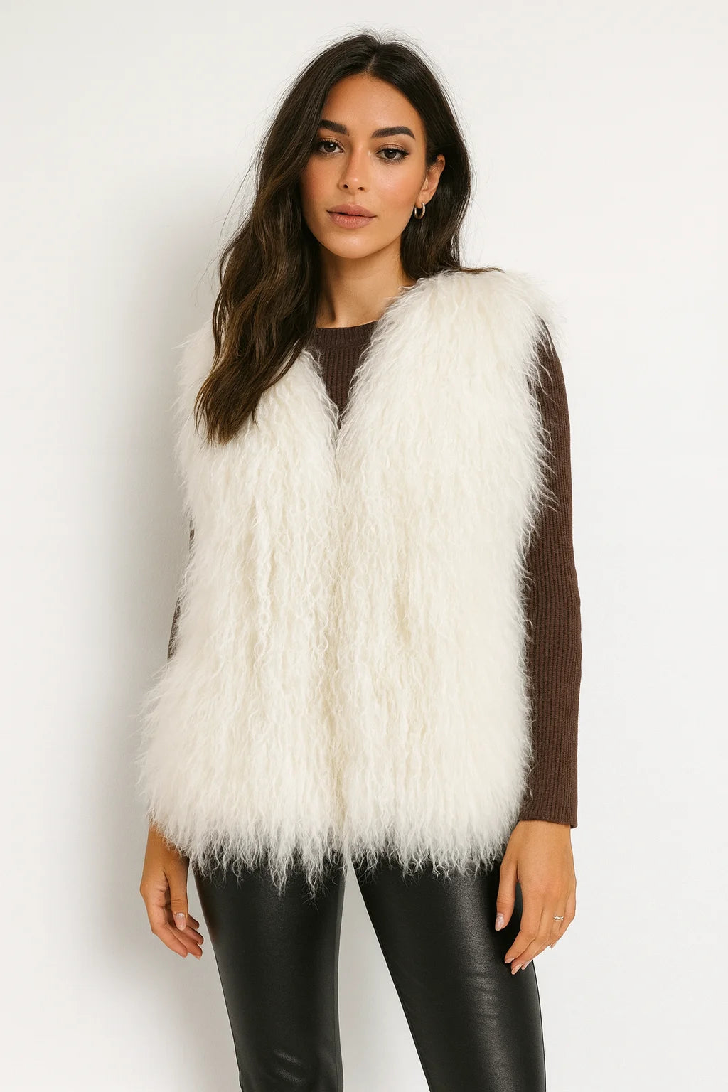 Lady Real Mongolian Sheep Fur Vest Thick Warm Winter Sleeveless Jacket Length 62 cm 250801