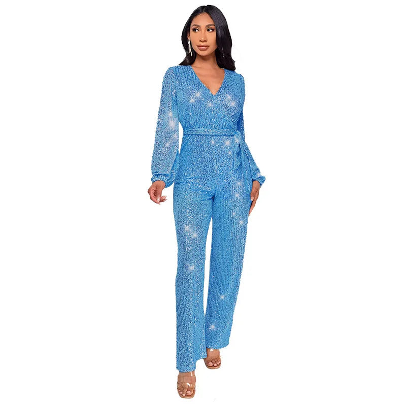 Uoozee Women's Deep V-Neck Sequins Club Jumpsuits Long Puff Sleeve Tie Waist Straight-leg Party Evening One Piece Outfits 2026