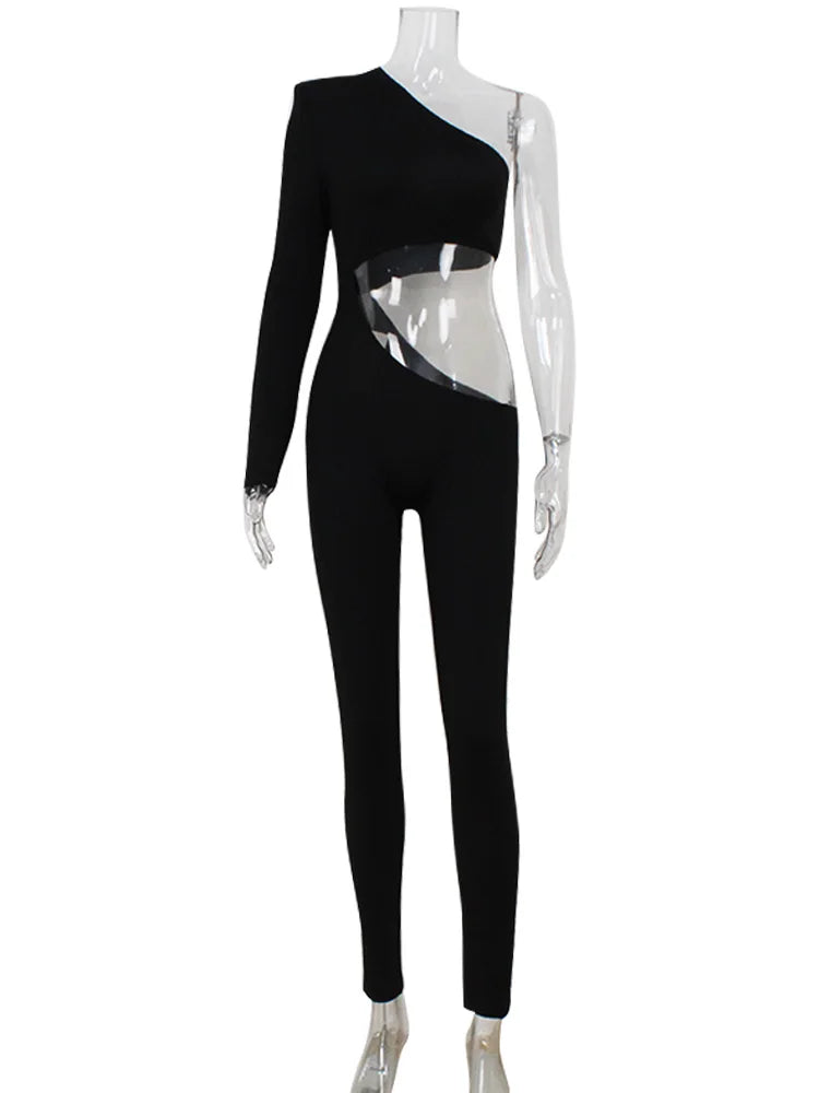 CNYISHE Solid Cut Out One Shoulder Sheath Tomper Fashion Women Jumpsuits Sexy Club Long Sleeve Backless Female Elegant Long Pant