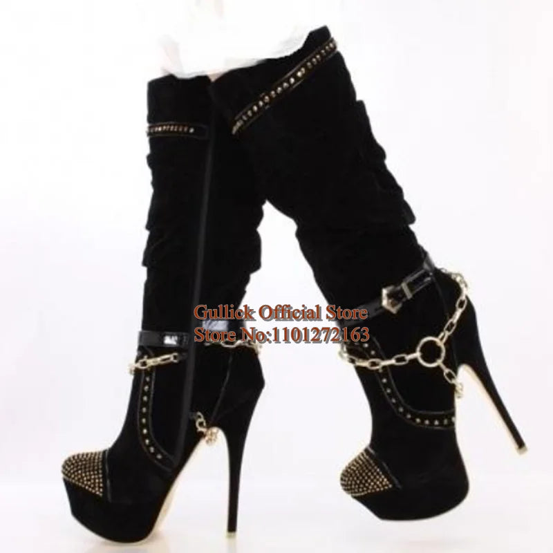 Fashion Gold Chain Strap Studded Knee High Boots Round Toe Black Suede Stretch Fabric Platform Stiletto Heels Boots