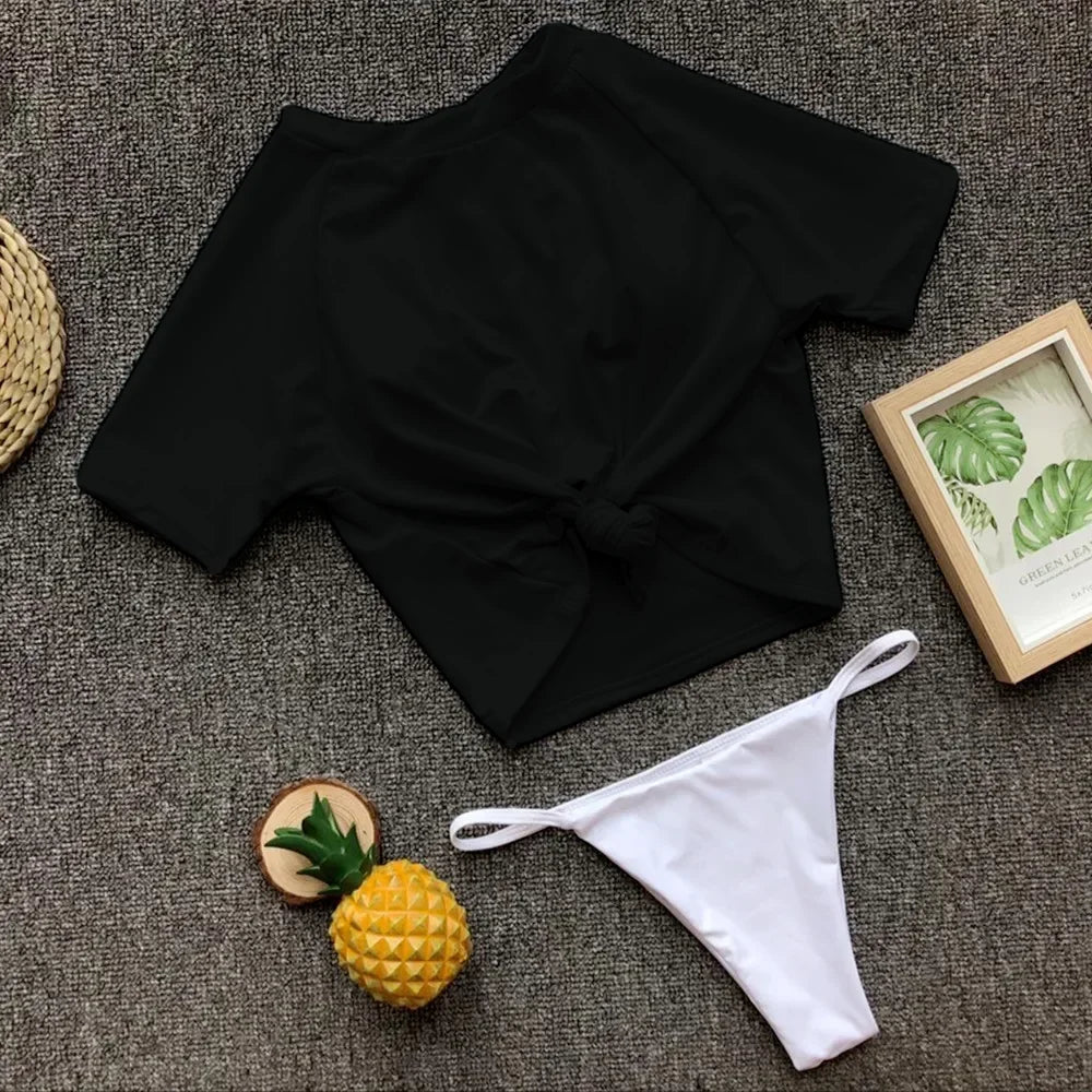 2 Colors Sexy Two Piece Swimsuit Swimwear Women Short Sleeve Knotted Solid Two-piece Bathing Suit Beachwear Banadores Mujer 2026