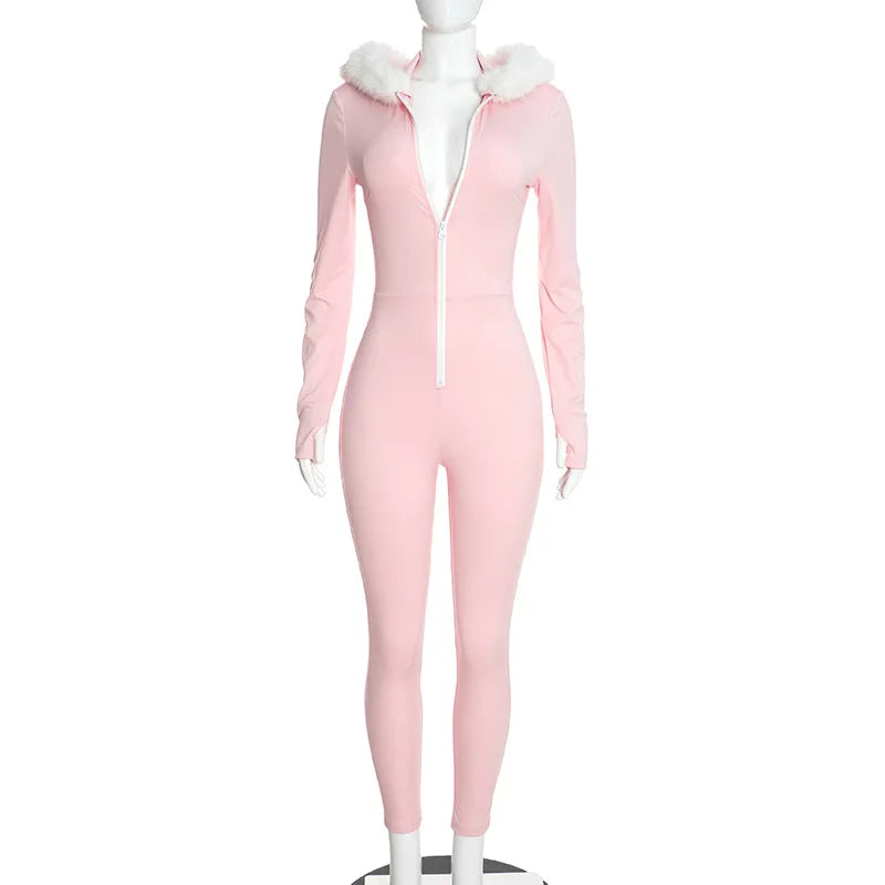 Nsauye Jumpsuits Women Long Sleeve Pullover Faux Fur Hoodies Skinny One Pieces Overalls Sexy Clubwear Sport Y2K Jumpsuit Rompers