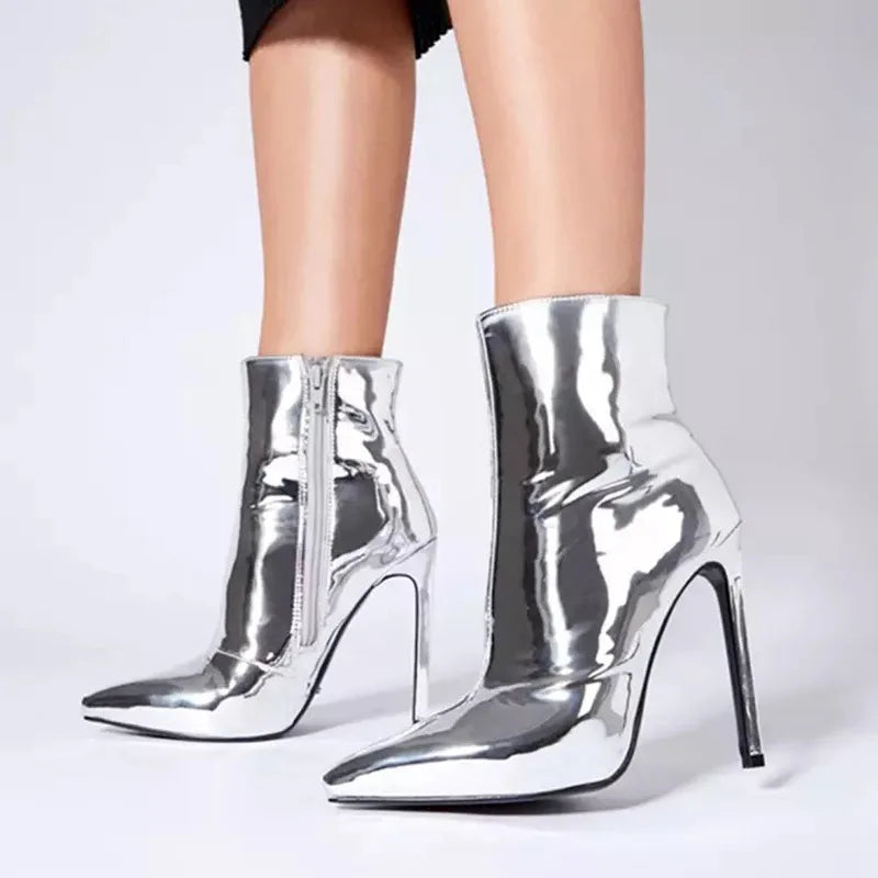 Design Ankle Boots Women Fashion Zipper Pointed High Heels Gold Silver Patent Leather Short Booties Shoes Catwalk Shoes