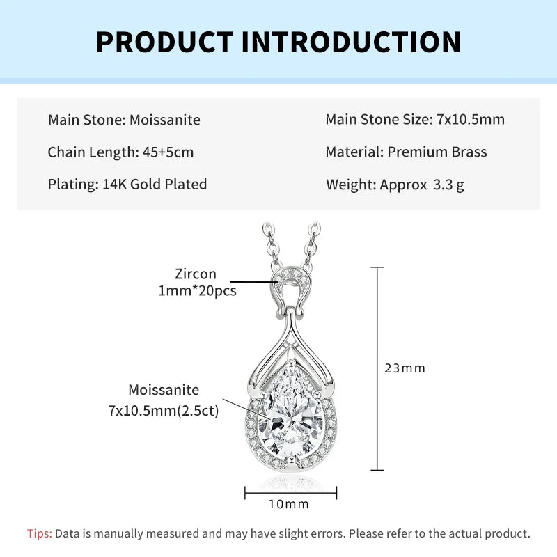 Rrjzz Sparkling 7x10.5mm Pear Cut D-Color Moissanite Pendant Necklaces 2.5CT Waterdrop Necklace for Women GRA Jewelry Gifts
