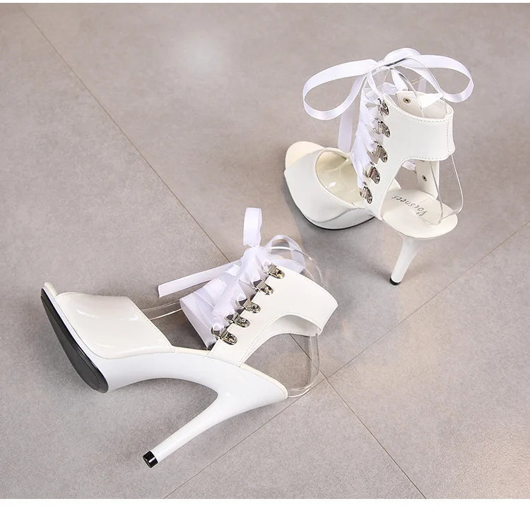 2025 New Sexy Pink High Heels 11cm Women's Shoes Fine Heels Round Head Ladies Pumps Ankle Lace-up Buckle Sandals Nightclub Shoes