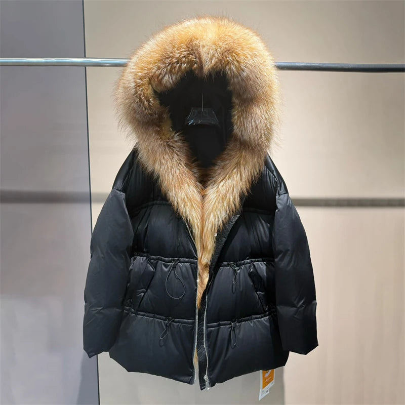 Winter New Arrival Women's Long down Jacket withLargeFox Fur Collar Fashionable Waist-Cinching Drawstring Loose Goose down Coat