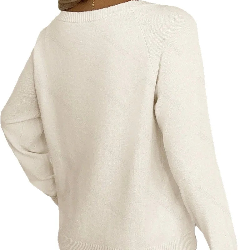 Women's Loose One-Shoulder Sweater Autumn/Winter Knitwear Top White Deer Pattern Fashionable Casual Style