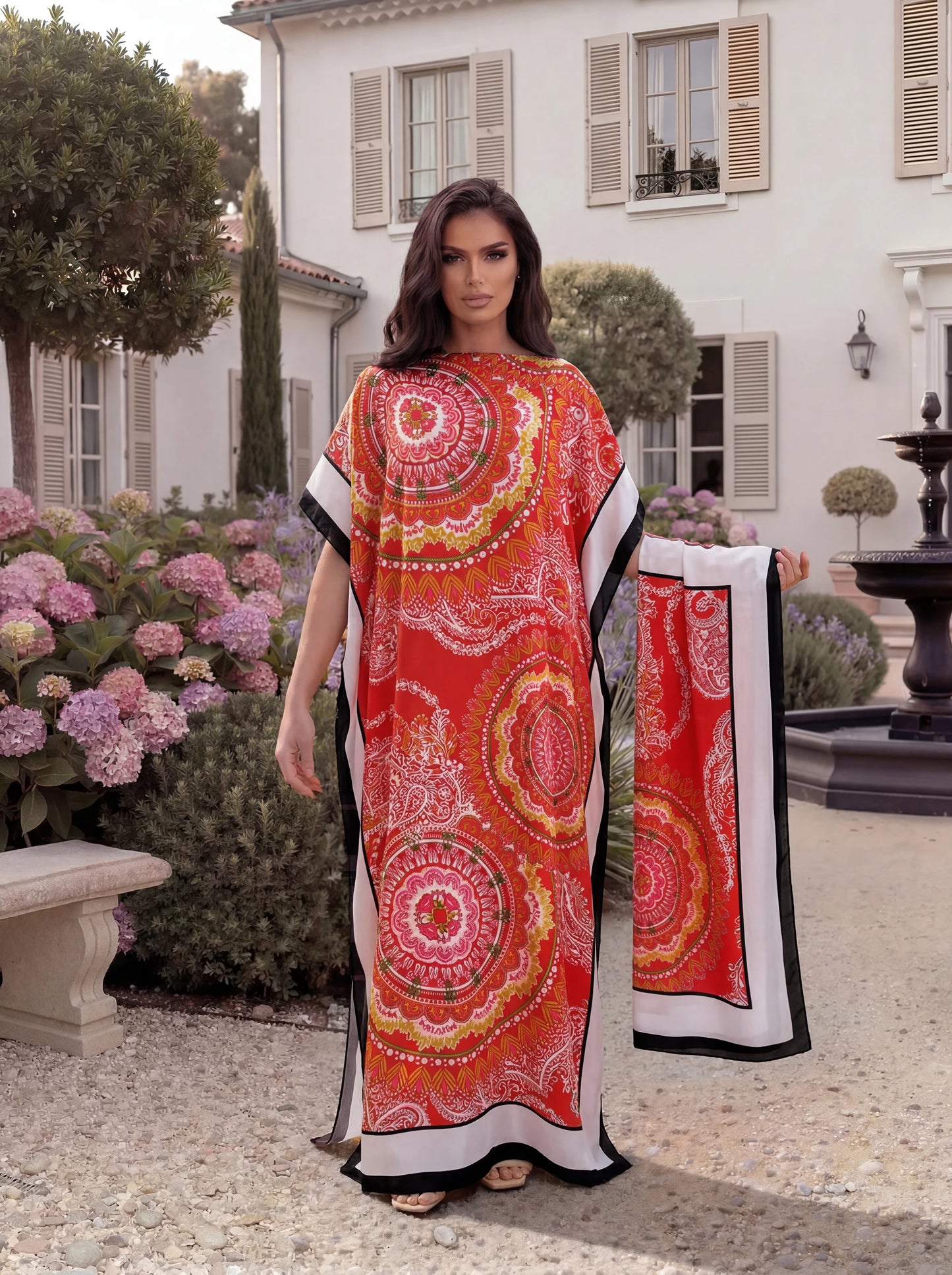 Boho Mandala Paisley Print Satin Abaya Scarf Set, Loose Batwing Maxi Kaftan For Muslim Women Summer Beach Vacation Wear