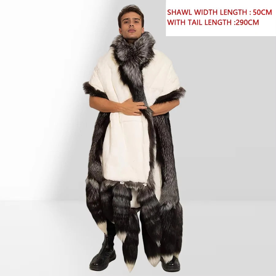 Unisex Double Face Silver Fox & White Rex Boa-Cape With Tails Real Fur Scarf Long Hot Selling Warm Natural Fur Scarf