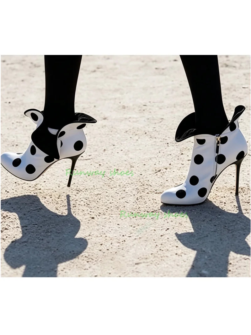 Black And White Polka Dots Ankle Boots Equipped With Large Bow With Ruffles Boot Pointed Tip Stiletto Heels Party Women's Boots