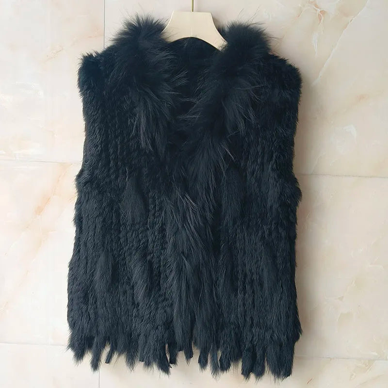 HSPL Sleeveless Women Fashion Fur Vest Knit Waistcoat For Lady For 2018 Spring Real Rabbit Fur Female Vests Black Waistcoat