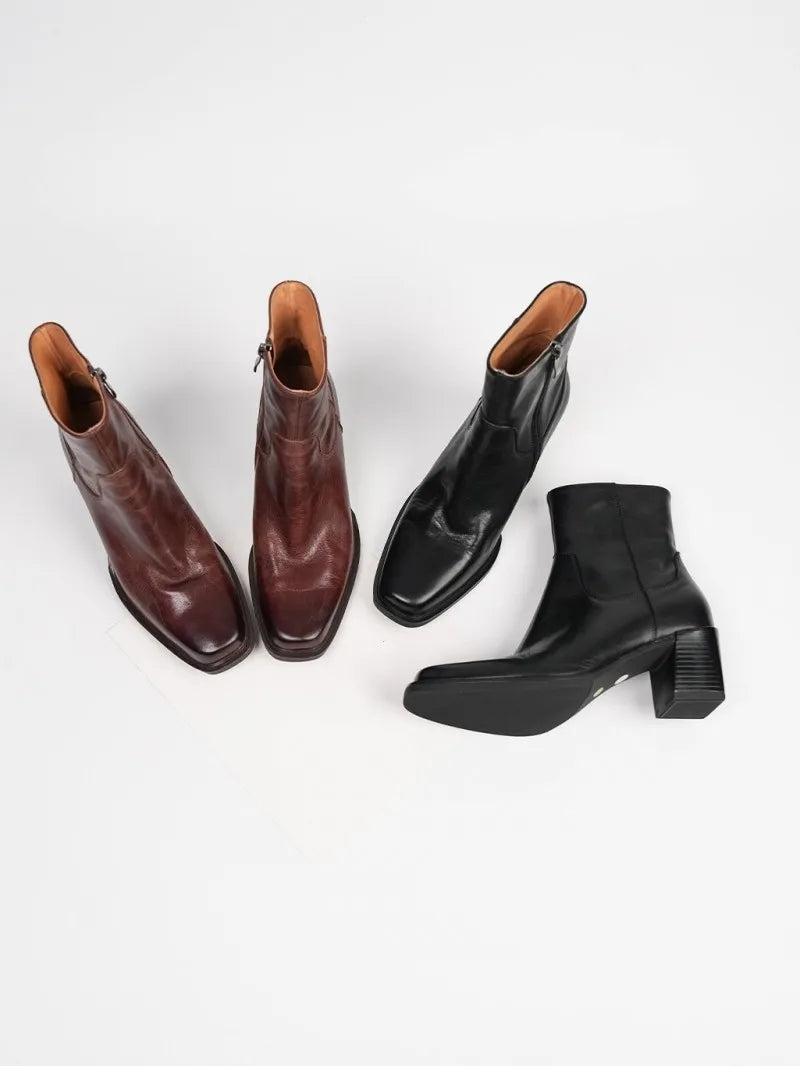 Elegant Office Ladies Chunky Heels Genuine Leather Short Boots Square Toe New Designer Shoes Women Vintage Cowhide Ankle Boots