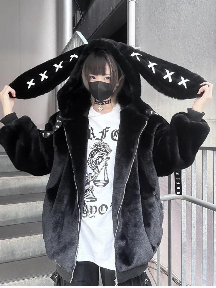Mauroicardi Autumn Winter Sweet Cute Kawaii Soft Thick Warm Black Faux Fur Coat Women with Bunny Ears Cute Fluffy Jacket Hoodie