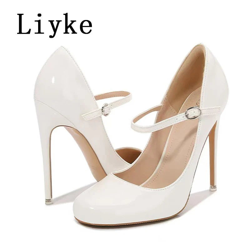 Liyke Big Size 44 45 46 Patent Leather Stiletto High Heels For Ladies Party Prom Shoe Fashion Round Toe Buckle Strap Women Pumps