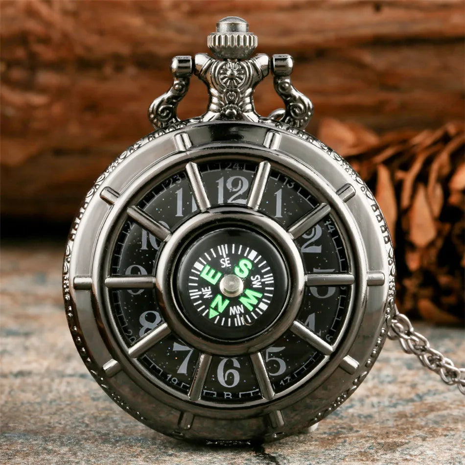 Vintage Black Compass Design Quartz Pocket Watch, With Necklace Pendant, World-Time Feature, Pointer Display Pocket Watch