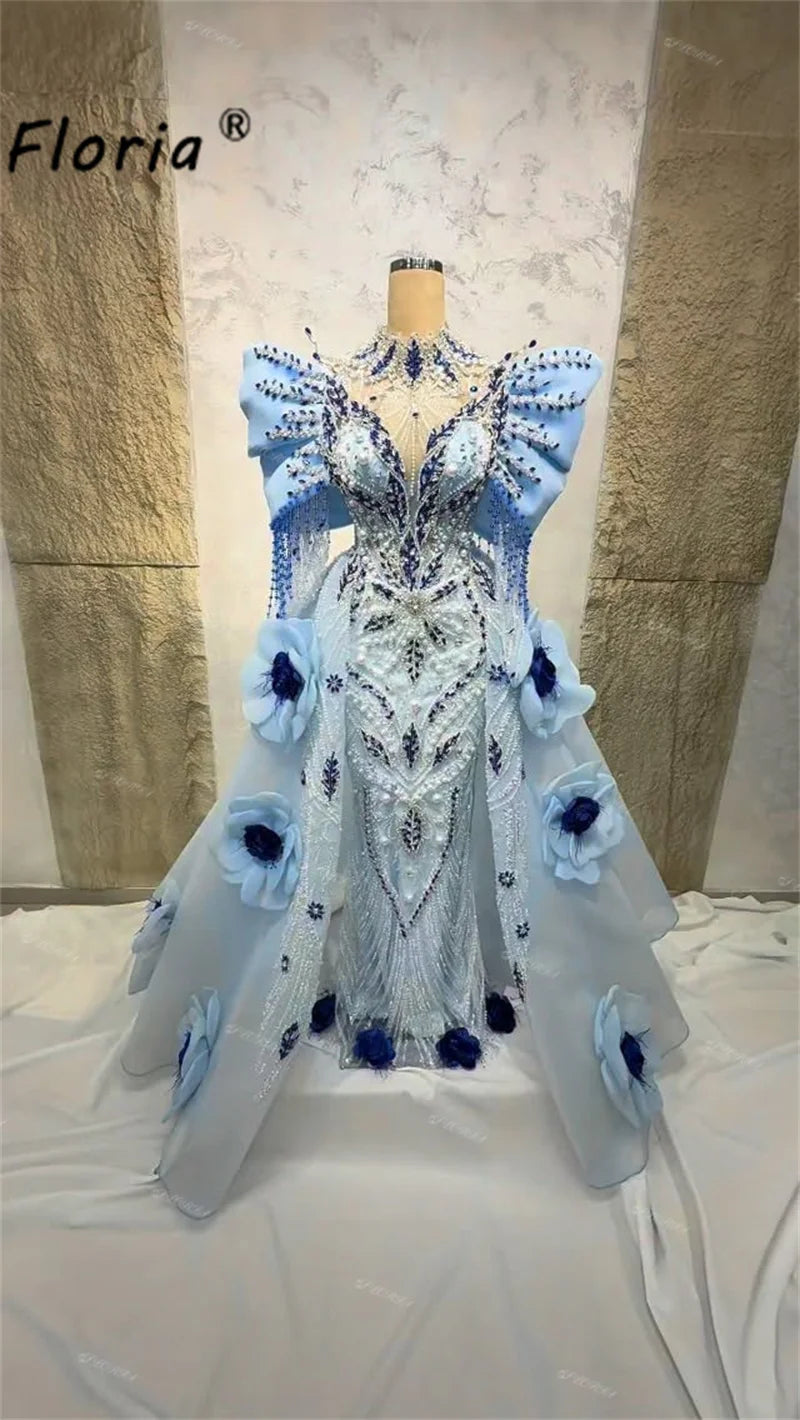 Exquisite Beads Pearl Women's Evening Dresses with Detachable Train Blue Dubai 3D Flowers Appliques Wedding Gowns Couture Party