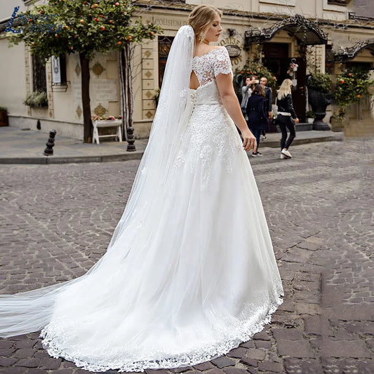 LAYOUT NICEB Wedding Dresses Elegant Lace Appliques Boat Neck Short Sleeve Plus Size Bridal Dress Bride Gowns Vestido De Novia