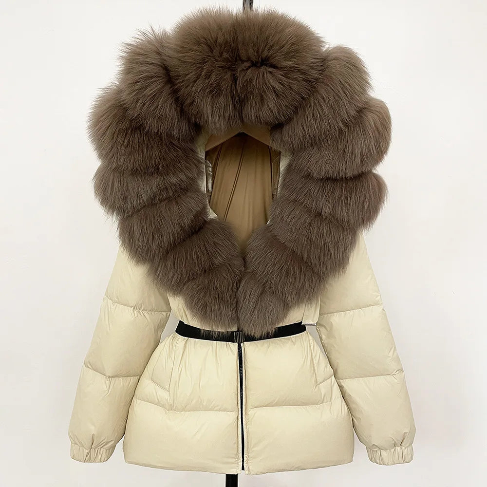 Hot Sale Women Luxury Black Down Jacket Waist‑Cinched Design High‑End Elegant Real Big Fox Fur Hooded Collar Winter Outerwear