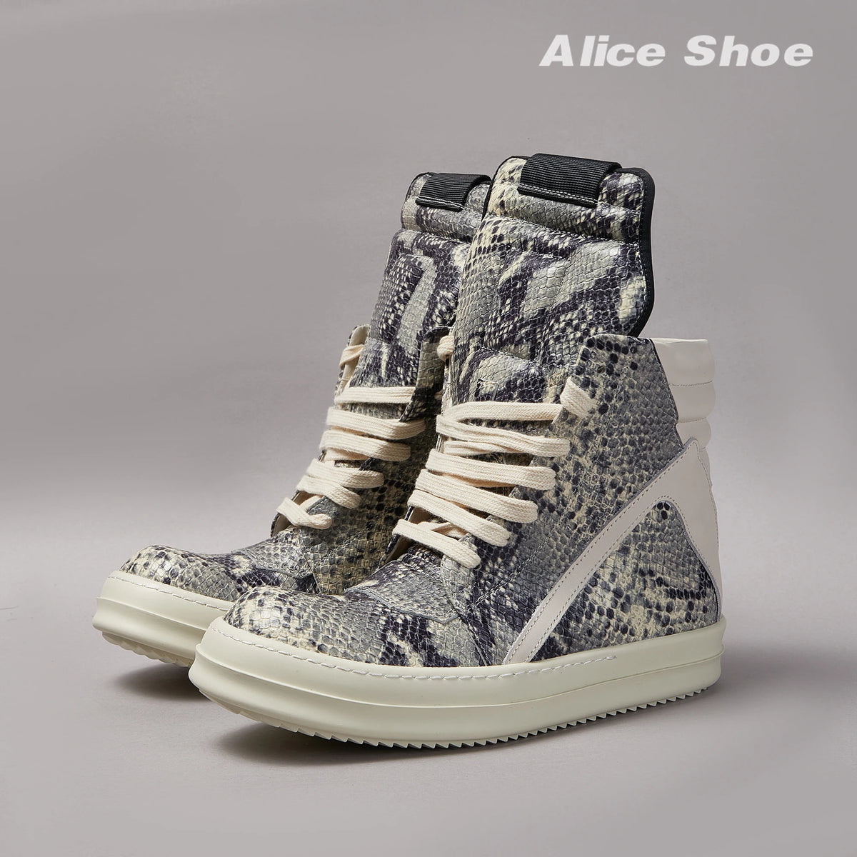Brand Men Ankle Boot Casual Leather High Top Women Sneaker Python-Embossed Flat Luxury Trainer Designer Platform Grey Flat Shoe