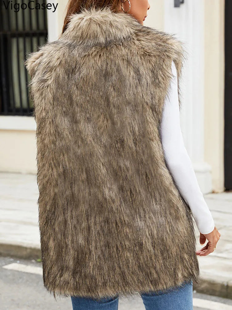 VigoCasey 2026 Autumn Winter Sleeveless Thick Faux Fur Vest Coat Woman Khaki Plush Warm Waistcoat Lady Casual Fluffy Vest Jacket