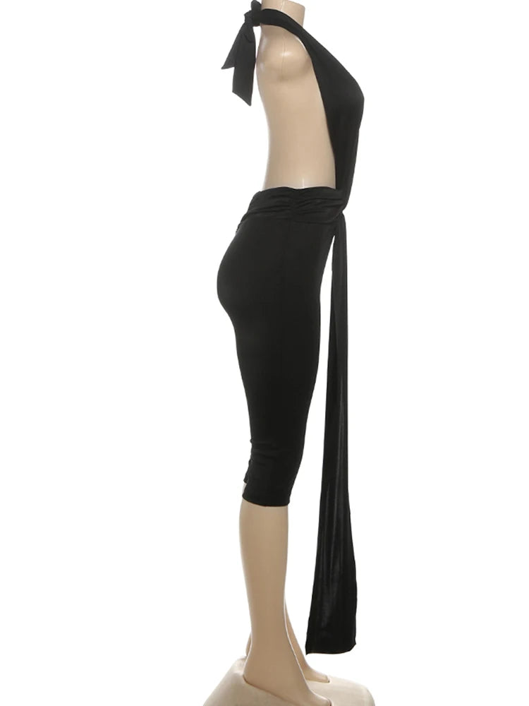 Weird Puss Ribbon Halter Romper Women Backless Patchwork Sleeveless Elastic Workout Activewear Midnight Activity Slim Playsuits