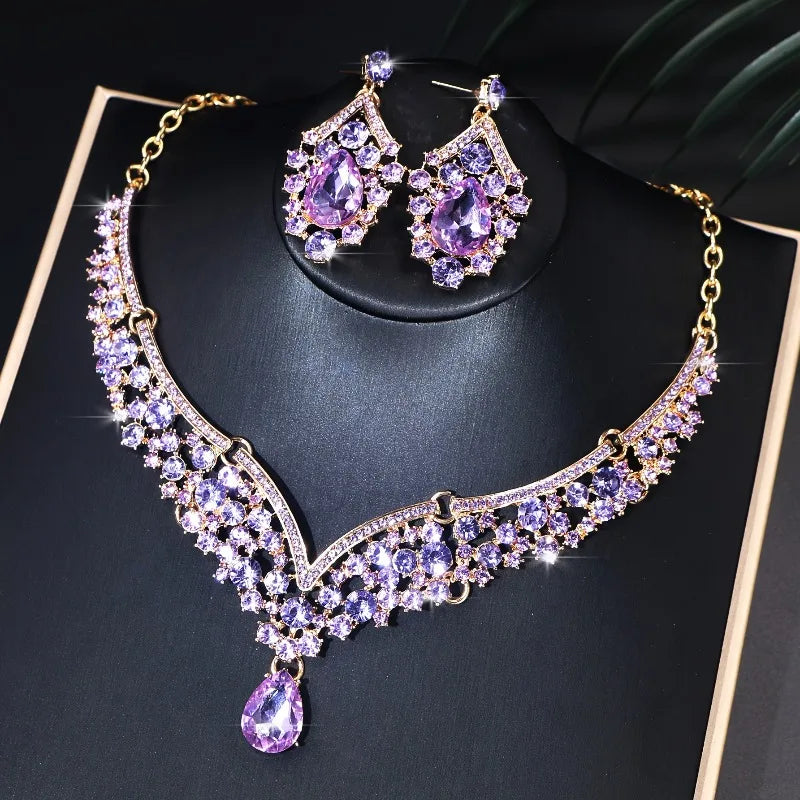 Sparkling Luxurious Women Earrings Necklace Set Water Drop Rhinestones Crystal Adjustable Jewelry Set for Wedding Bride