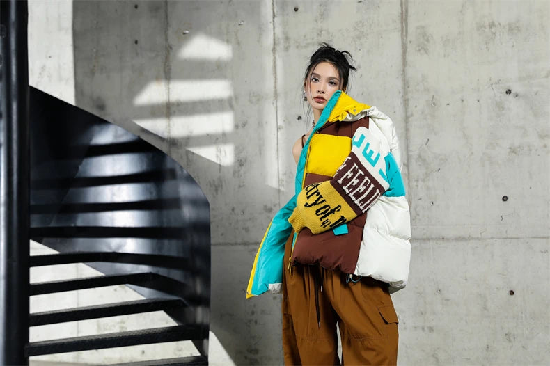 Streetwear Letter Stitching Fashion Down Jacket Women's New Hooded Parka Loose Winter Down Coat Female Thick Casual Warm Clothes