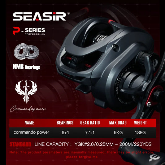 Seasir Commando Power Baitcaster Reel High Speed Gear Ratio 7.1:1 Drag 9kg New Generation Drag Clicker Fresh Saltwater Fishing