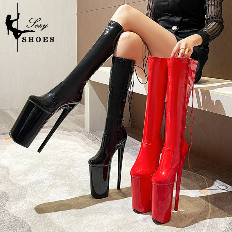 26cm High Heels Mid-Calf Red Black Women Boots Round Head Rear Strap Pole Dance Shoes Fashion Sexy Roman Style bota feminina