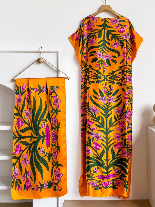 Boho Floral Print Abaya Kaftan Dress With Scarf, Loose Batwing Maxi Dress For Muslim Women Beach Holiday Wear