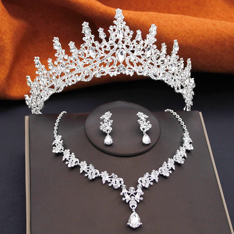 Elegant Silver Color Crystal Bridal Jewelry Sets Princess Tiara Crown and Necklace Earrings Sets for Bridal Wedding Prom Gifts