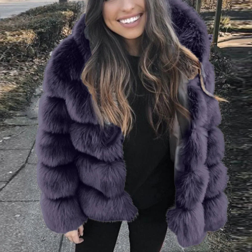 Fashion Winter Women Imitation Fox Fur Jacket Hooded Loose Long Sleeves Female Eco Fur Coat Patchwork Plush Thick Lady Fur Coat