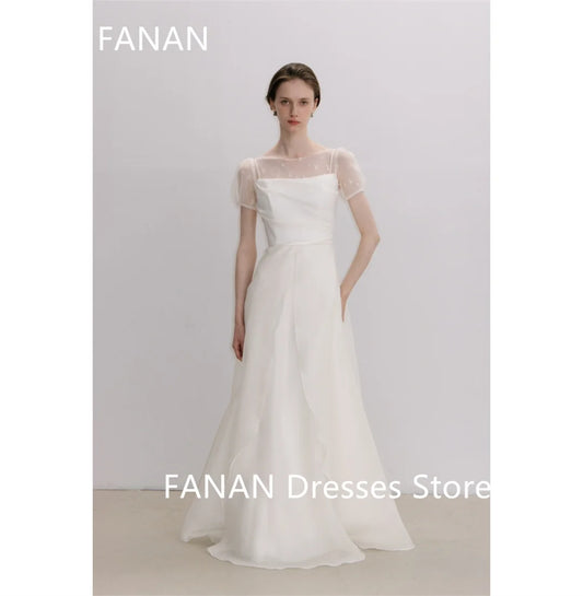 Fanan Korea Boat Neckline Ivory Wedding Dresses 웨딩드레스 Organza Tiered Custom Made Ruched Photoshoot Bride Gowns Plus Size