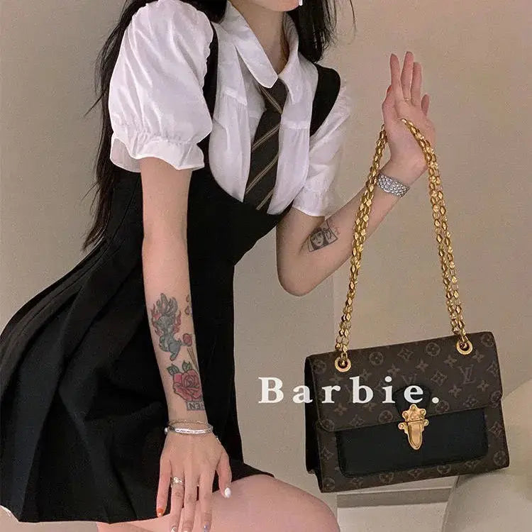 2025 korea japan style female summer fashion style jk uniform halter pleated skirt bubble short sleeve shirt two piece sets g823