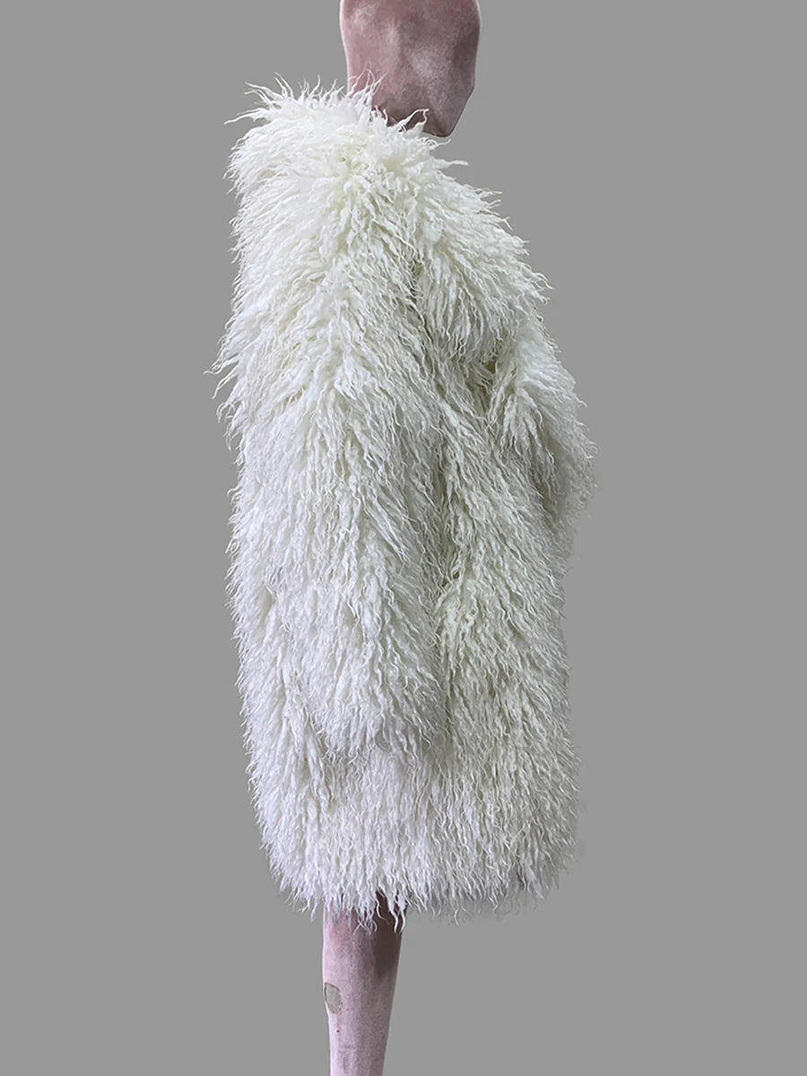 Lautaro Autumn Winter Long Oversized White Thick Warm Hairy Shaggy Fuzzy Faux Mongolian Fur Coat Women Pink Fluffy Overcoat