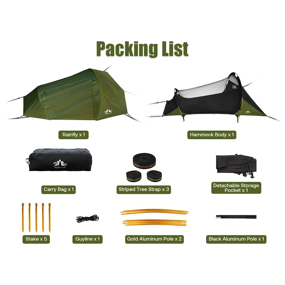 Night Cat Flat Lay Hammock Tent: Portable Lightweight Camping Hammock with Mosquito Net Waterproof Rainfly for 1 Person Outdoor Camping Green