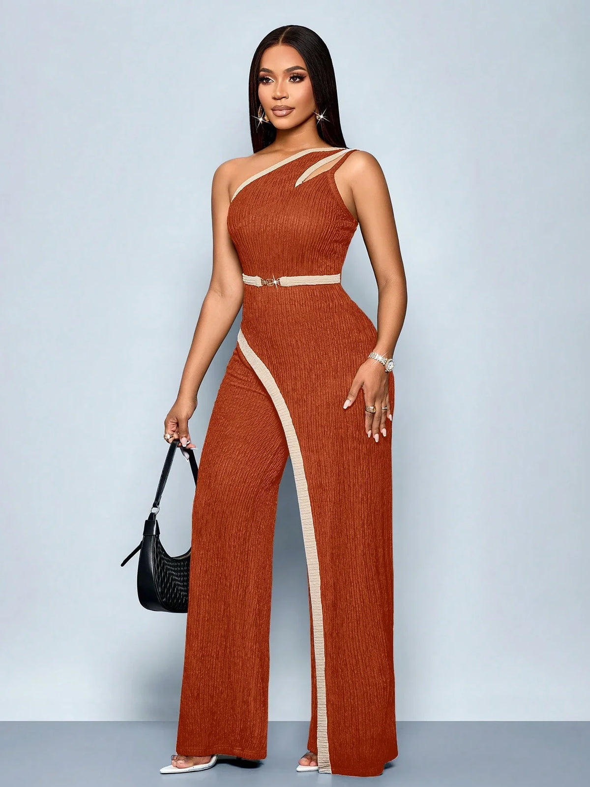 Women's Fashion Modern Party Asymmetric Neck Hollow Two-color Contrast Office Asymmetric Splicing Metal Decorated Sleeveless Str