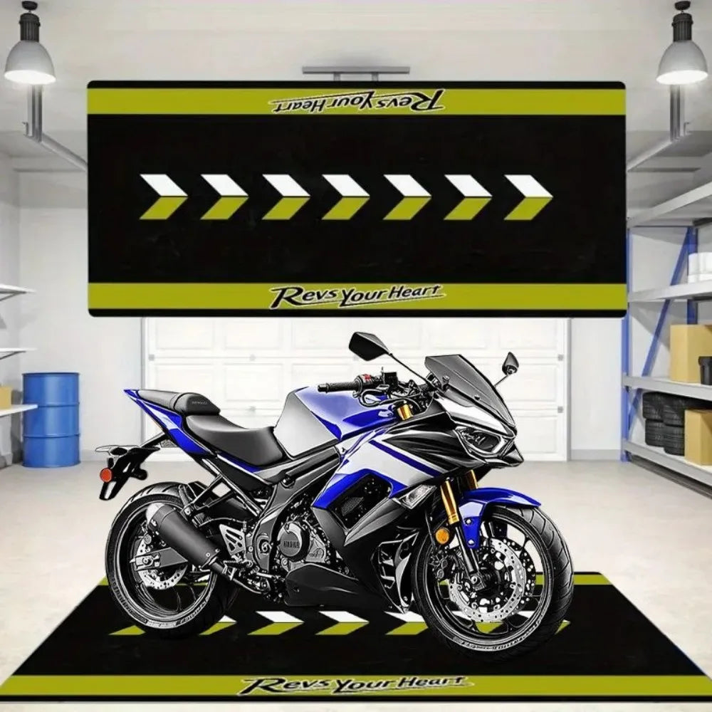 Revs Your Heart Motorcycle Mat Crystal Velvet Anti-Slip Garage Floor Mat for Motorbike Parking, Oil Absorbent, Home Garage Decor