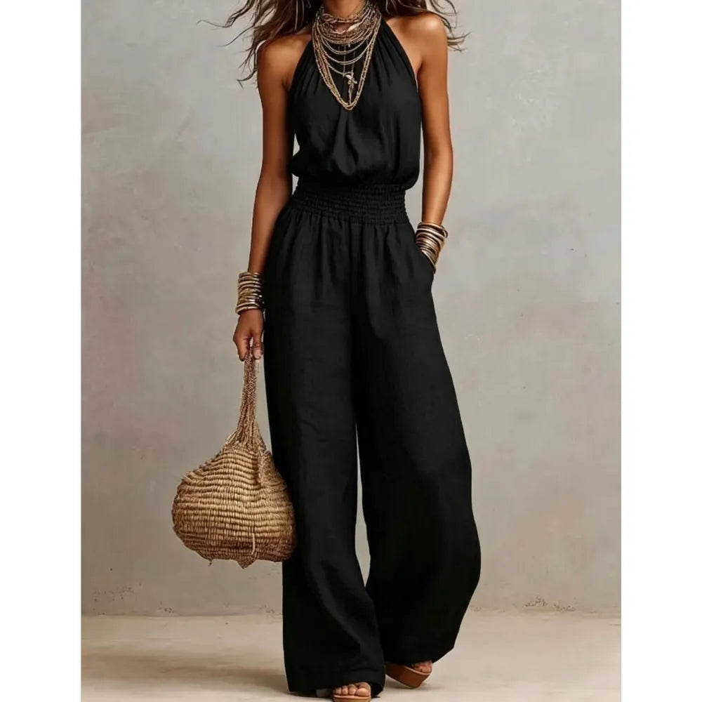 Women's Halter Neck Smocked Linen Blend Jumpsuit Waist Wide Leg Long Romper Casual Sleeveless Summer Beach Vacation Jumpsuits