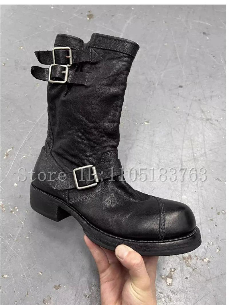 Vintage Big Toe Black Leather Motorcycle Boots Men New Fashion Buckle Strap Mid Calf Knight Boots Western Cowboy Shoes